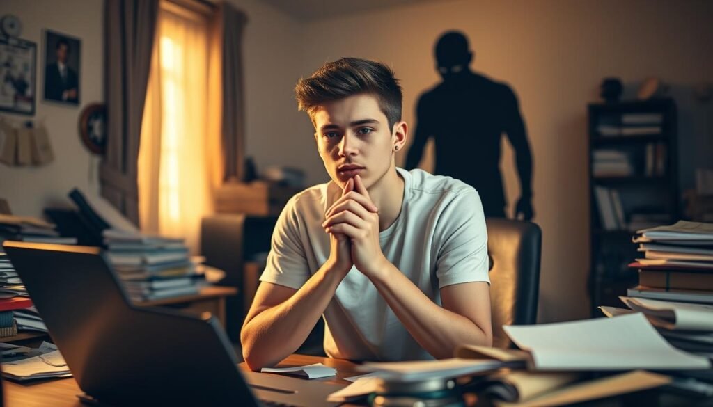 A pensive young adult sitting at a cluttered desk, hands clasped in contemplation, surrounded by scattered papers and a laptop. The room is bathed in warm, golden light, conveying a sense of contemplation and introspection. In the background, a shadowy figure representing the financial burden of student loans looms large, creating a sense of tension and uncertainty. The overall mood is one of thoughtful deliberation, as the subject grapples with the pros and cons of student loan forbearance. A pensive young adult sitting at a cluttered desk, hands clasped in contemplation, surrounded by scattered papers and a laptop. The room is bathed in warm, golden light, conveying a sense of contemplation and introspection. In the background, a shadowy figure representing the financial burden of student loans looms large, creating a sense of tension and uncertainty. The overall mood is one of thoughtful deliberation, as the subject grapples with the pros and cons of student loan forbearance.