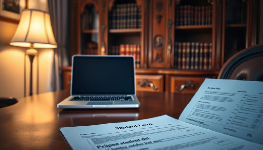 A serene, dimly lit home office with an open laptop and a stack of documents on a mahogany desk. In the foreground, a student loan statement casts an ominous shadow, symbolizing the burden of private student debt. The background features an ornate, antique-inspired bookshelf, alluding to the weighty academic legacy that often accompanies such financial obligations. Soft, warm lighting illuminates the scene, creating a somber, contemplative atmosphere. The overall composition conveys the solemn, personal nature of dealing with private student loans, even after the passing of the borrower. A serene, dimly lit home office with an open laptop and a stack of documents on a mahogany desk. In the foreground, a student loan statement casts an ominous shadow, symbolizing the burden of private student debt. The background features an ornate, antique-inspired bookshelf, alluding to the weighty academic legacy that often accompanies such financial obligations. Soft, warm lighting illuminates the scene, creating a somber, contemplative atmosphere. The overall composition conveys the solemn, personal nature of dealing with private student loans, even after the passing of the borrower.