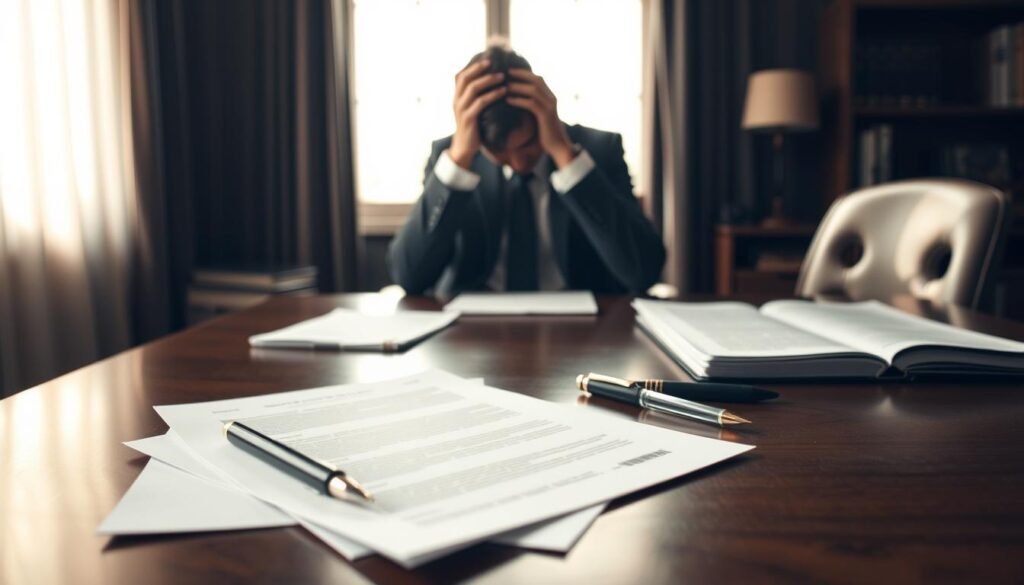 A serene, dimly lit office setting with a lawyer's desk in the foreground. On the desk, a stack of legal documents and a pen, signifying the process of filing for bankruptcy discharge. In the middle ground, a person in a suit, head in their hands, symbolizing the weight of student loan debt. The background features a window with soft, warm lighting filtering through, creating a pensive, contemplative atmosphere. The composition conveys the complex emotional journey of seeking bankruptcy relief from overwhelming student loans. A serene, dimly lit office setting with a lawyer's desk in the foreground. On the desk, a stack of legal documents and a pen, signifying the process of filing for bankruptcy discharge. In the middle ground, a person in a suit, head in their hands, symbolizing the weight of student loan debt. The background features a window with soft, warm lighting filtering through, creating a pensive, contemplative atmosphere. The composition conveys the complex emotional journey of seeking bankruptcy relief from overwhelming student loans.