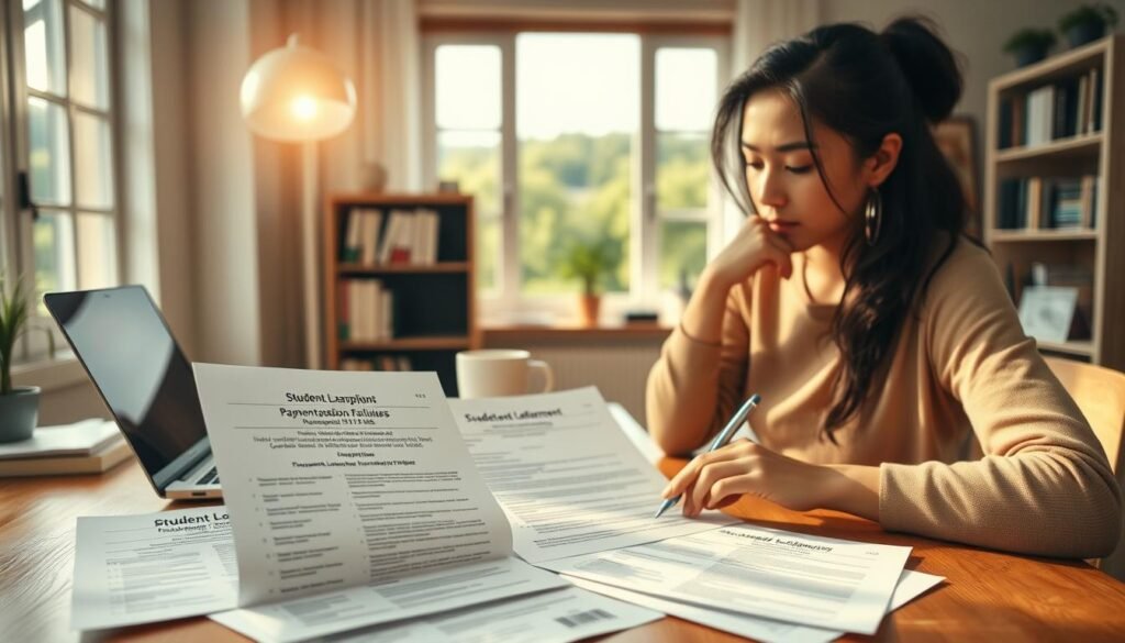 A serene, sun-dappled office with a wooden desk showcasing various student loan repayment documents, including payment plans, consolidation options, and deferment paperwork. The foreground features a thoughtful student carefully reviewing the documents, a pen in hand, with a laptop and coffee mug nearby. The middle ground depicts a bookshelf filled with financial guides and a window overlooking a lush, verdant landscape, conveying a sense of calm and clarity. Soft, warm lighting from a desk lamp creates a contemplative atmosphere, inviting the viewer to consider the viable solutions to resolving student loan default. A serene, sun-dappled office with a wooden desk showcasing various student loan repayment documents, including payment plans, consolidation options, and deferment paperwork. The foreground features a thoughtful student carefully reviewing the documents, a pen in hand, with a laptop and coffee mug nearby. The middle ground depicts a bookshelf filled with financial guides and a window overlooking a lush, verdant landscape, conveying a sense of calm and clarity. Soft, warm lighting from a desk lamp creates a contemplative atmosphere, inviting the viewer to consider the viable solutions to resolving student loan default.