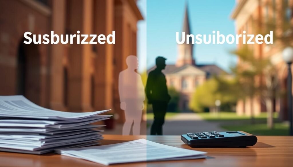 A side-by-side comparison of subsidized and unsubsidized student loans. In the foreground, a stack of loan documents and a calculator, symbolizing the financial details. The middle ground features two silhouettes of people, one with a lighter outline representing subsidized loans, the other darker for unsubsidized. In the background, a soft, blurred university campus setting, hinting at the educational context. Warm, natural lighting illuminates the scene, creating a contemplative atmosphere. The image should convey the key differences between subsidized and unsubsidized loans in a visually striking and informative manner. A side-by-side comparison of subsidized and unsubsidized student loans. In the foreground, a stack of loan documents and a calculator, symbolizing the financial details. The middle ground features two silhouettes of people, one with a lighter outline representing subsidized loans, the other darker for unsubsidized. In the background, a soft, blurred university campus setting, hinting at the educational context. Warm, natural lighting illuminates the scene, creating a contemplative atmosphere. The image should convey the key differences between subsidized and unsubsidized loans in a visually striking and informative manner.