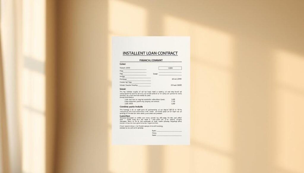 A sleek, modern installment loan contract document floating against a soft, blurred background. The contract is displayed in a minimalist, high-contrast style, showcasing key details like the loan amount, interest rate, and repayment schedule. The lighting is warm and natural, creating a sense of professionalism and trustworthiness. The depth of field is shallow, with the contract in sharp focus and the background gently out of focus, drawing the viewer's attention to the essential information. The overall mood is one of clarity, transparency, and financial stability. A sleek, modern installment loan contract document floating against a soft, blurred background. The contract is displayed in a minimalist, high-contrast style, showcasing key details like the loan amount, interest rate, and repayment schedule. The lighting is warm and natural, creating a sense of professionalism and trustworthiness. The depth of field is shallow, with the contract in sharp focus and the background gently out of focus, drawing the viewer's attention to the essential information. The overall mood is one of clarity, transparency, and financial stability.