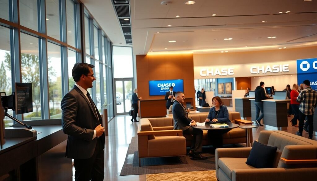 A sleek, modern interior of a Chase Bank branch, with large windows allowing natural light to flood the space. In the foreground, a well-dressed customer is speaking with a friendly bank teller at a teller station, discussing personal loan options. The middle ground features plush seating areas where other customers are reviewing documents and conversing with bank representatives. The background showcases the Chase Bank branding, including the iconic octagon logo and signage. The overall atmosphere conveys professionalism, reliability, and a commitment to personalized financial services. The lighting is warm and inviting, creating a welcoming ambiance for the customer experience.