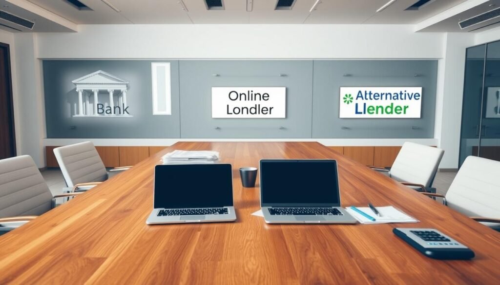 A sleek, modern office setting with a large wooden table as the focal point. On the table, there are stacks of documents, a laptop, and various financial tools like a calculator and a pen. In the background, three distinct lending options are represented - a traditional bank, an online lender, and an alternative lender, each with their own distinct branding and visual cues. The lighting is bright and even, creating a professional and authoritative atmosphere. The overall composition emphasizes the comparison and decision-making process involved in choosing the right business loan option. A sleek, modern office setting with a large wooden table as the focal point. On the table, there are stacks of documents, a laptop, and various financial tools like a calculator and a pen. In the background, three distinct lending options are represented - a traditional bank, an online lender, and an alternative lender, each with their own distinct branding and visual cues. The lighting is bright and even, creating a professional and authoritative atmosphere. The overall composition emphasizes the comparison and decision-making process involved in choosing the right business loan option.