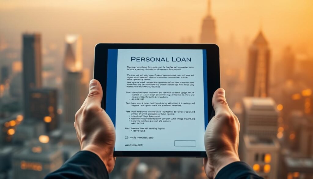A sleek, modern personal loan concept. In the foreground, a person's hands holding an electronic tablet with loan application details. The middle ground features a stylized personal loan document with minimal, clean typography. In the background, a warm, blurred cityscape with skyscrapers and glowing windows, symbolizing financial opportunities. The lighting is soft, directional, and creates a sense of professionalism and trust. The overall composition conveys a streamlined, digital-forward approach to personal financing without traditional barriers. A sleek, modern personal loan concept. In the foreground, a person's hands holding an electronic tablet with loan application details. The middle ground features a stylized personal loan document with minimal, clean typography. In the background, a warm, blurred cityscape with skyscrapers and glowing windows, symbolizing financial opportunities. The lighting is soft, directional, and creates a sense of professionalism and trust. The overall composition conveys a streamlined, digital-forward approach to personal financing without traditional barriers.