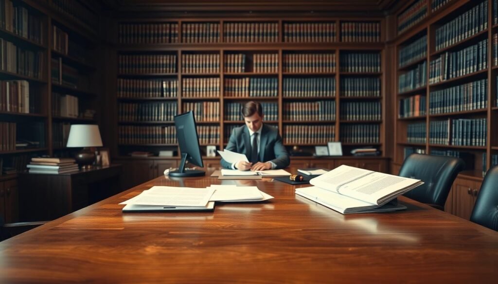 A spacious office interior, with a large wooden desk in the foreground. On the desk, various legal documents and a computer monitor are neatly arranged. In the middle ground, a lawyer in a crisp suit is sitting at the desk, deep in concentration. The background features a wall-to-wall bookshelf, filled with law books and case files, creating a sense of authority and expertise. Soft, warm lighting illuminates the scene, conveying a professional and contemplative atmosphere. The overall composition emphasizes the gravity and complexity of the Chapter 7 bankruptcy process, as the lawyer navigates the intricate legal procedures. A spacious office interior, with a large wooden desk in the foreground. On the desk, various legal documents and a computer monitor are neatly arranged. In the middle ground, a lawyer in a crisp suit is sitting at the desk, deep in concentration. The background features a wall-to-wall bookshelf, filled with law books and case files, creating a sense of authority and expertise. Soft, warm lighting illuminates the scene, conveying a professional and contemplative atmosphere. The overall composition emphasizes the gravity and complexity of the Chapter 7 bankruptcy process, as the lawyer navigates the intricate legal procedures.