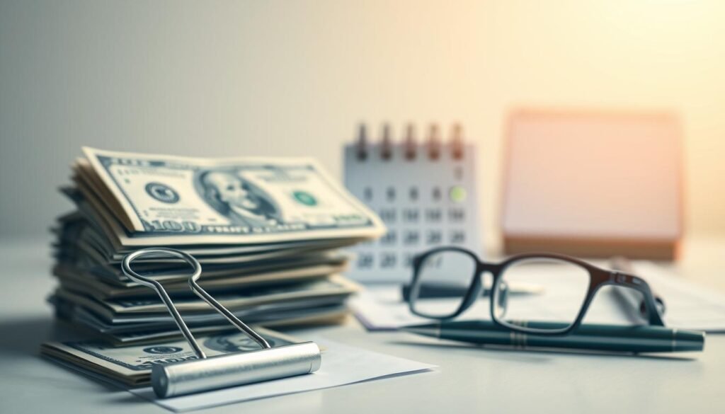 A stack of U.S. dollar bills against a clean, minimalist background with a warm, soft lighting from the left side, creating subtle shadows and highlights. In the foreground, a metal document clip and a pair of reading glasses, symbolizing the organization and thoughtfulness involved in personal loan decisions. In the middle ground, a desktop calendar and a pen, suggesting the planning and paperwork required. The background is blurred, keeping the focus on the financial tools and documents. The overall atmosphere conveys a sense of responsible financial management and considered decision-making. A stack of U.S. dollar bills against a clean, minimalist background with a warm, soft lighting from the left side, creating subtle shadows and highlights. In the foreground, a metal document clip and a pair of reading glasses, symbolizing the organization and thoughtfulness involved in personal loan decisions. In the middle ground, a desktop calendar and a pen, suggesting the planning and paperwork required. The background is blurred, keeping the focus on the financial tools and documents. The overall atmosphere conveys a sense of responsible financial management and considered decision-making.