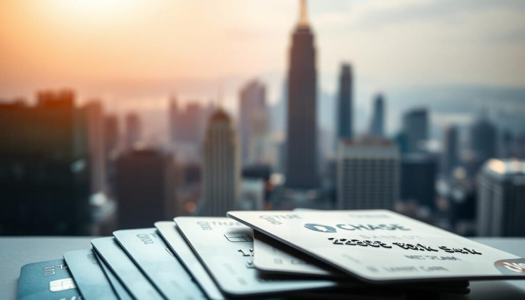 A stack of glossy, metallic credit cards in the foreground, reflecting the light from a warm, diffused source above. The cards are arranged in an overlapping pattern, showcasing their sleek designs and various logos. In the middle ground, a blurred cityscape with towering skyscrapers and glimmering windows, suggesting an urban financial center. The background is softly hazy, creating a sense of depth and elegance. The overall composition conveys a sophisticated, high-end atmosphere suitable for representing the financial products and services of a reputable institution like Chase Bank.