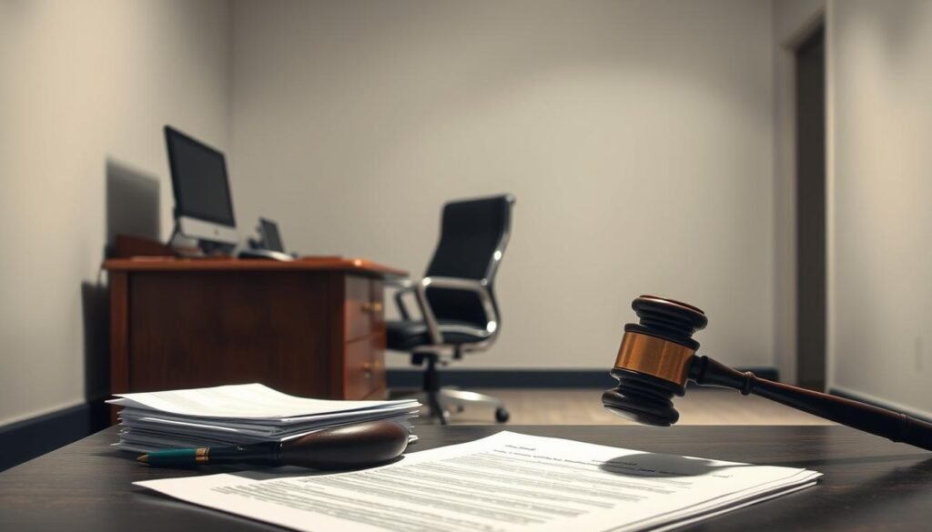A stark, minimalist office space with a desk, chair, and computer monitor. The lighting is harsh, casting deep shadows and highlighting the worn, weathered textures of the wooden desk and frayed upholstery. In the foreground, a stack of legal documents and a gavel sit ominously, symbolizing the "undue hardship" standard that governs student loan discharges in bankruptcy. The atmosphere is one of bureaucratic purgatory, conveying the struggle and uncertainty faced by those seeking relief from the burden of student debt. A stark, minimalist office space with a desk, chair, and computer monitor. The lighting is harsh, casting deep shadows and highlighting the worn, weathered textures of the wooden desk and frayed upholstery. In the foreground, a stack of legal documents and a gavel sit ominously, symbolizing the "undue hardship" standard that governs student loan discharges in bankruptcy. The atmosphere is one of bureaucratic purgatory, conveying the struggle and uncertainty faced by those seeking relief from the burden of student debt.