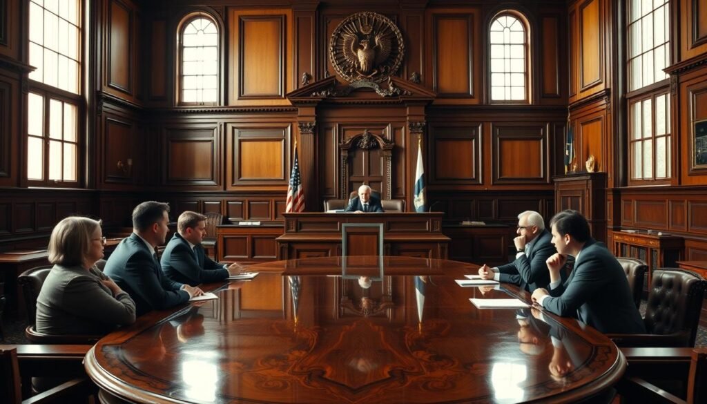 A stately courtroom interior, bathed in warm, natural lighting from large windows. The focal point is a polished wooden table, around which several individuals are seated, engaged in what appears to be a formal legal proceeding. The participants wear professional attire, exuding an air of seriousness and concentration. In the background, a grand, ornate judge's bench looms, suggesting the gravity and importance of the situation. The atmosphere is one of thoughtful deliberation, with a sense of high stakes and the potential for life-changing outcomes. A stately courtroom interior, bathed in warm, natural lighting from large windows. The focal point is a polished wooden table, around which several individuals are seated, engaged in what appears to be a formal legal proceeding. The participants wear professional attire, exuding an air of seriousness and concentration. In the background, a grand, ornate judge's bench looms, suggesting the gravity and importance of the situation. The atmosphere is one of thoughtful deliberation, with a sense of high stakes and the potential for life-changing outcomes.
