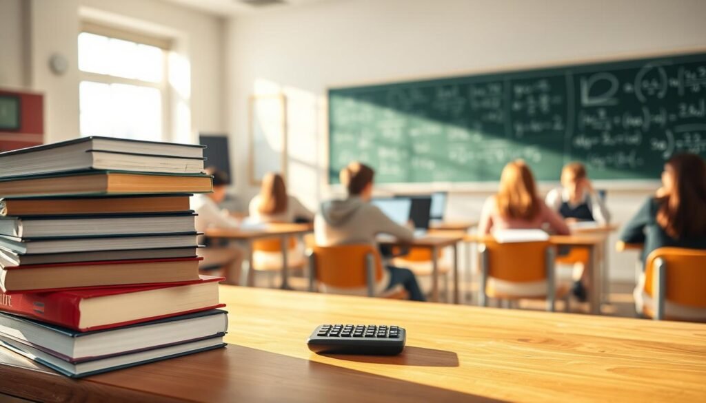 A sun-drenched classroom scene, with a wooden desk in the foreground displaying a stack of textbooks, a laptop, and a calculator. In the middle ground, students sit at desks, focused on their studies, while the background reveals a chalkboard with complex mathematical equations. The lighting is soft and natural, casting a warm glow throughout the space. The overall atmosphere conveys a sense of academic rigor and dedication to education. A sun-drenched classroom scene, with a wooden desk in the foreground displaying a stack of textbooks, a laptop, and a calculator. In the middle ground, students sit at desks, focused on their studies, while the background reveals a chalkboard with complex mathematical equations. The lighting is soft and natural, casting a warm glow throughout the space. The overall atmosphere conveys a sense of academic rigor and dedication to education.