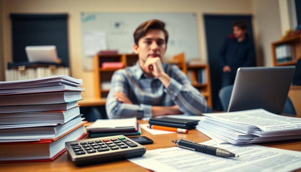 A warm, well-lit classroom setting with neatly stacked textbooks, a laptop, and a desk covered in financial documents. In the foreground, a student sits thoughtfully, surrounded by the tools of their academic journey. The middle ground showcases a calculator, a pen, and a stack of forms, hinting at the complexities of managing eligible student loans. The background is softly blurred, placing the focus on the student's contemplative expression as they navigate the financial landscape of their education. A warm, well-lit classroom setting with neatly stacked textbooks, a laptop, and a desk covered in financial documents. In the foreground, a student sits thoughtfully, surrounded by the tools of their academic journey. The middle ground showcases a calculator, a pen, and a stack of forms, hinting at the complexities of managing eligible student loans. The background is softly blurred, placing the focus on the student's contemplative expression as they navigate the financial landscape of their education.