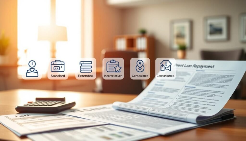 A well-lit, detailed illustration of various repayment options for a Parent PLUS Loan. In the foreground, a set of financial documents and a calculator, conveying the practical aspects of loan management. In the middle ground, an array of icons representing different payment plans - standard, extended, income-driven, and consolidated options. The background features a serene, professional office setting with warm lighting and a sense of financial stability. The overall composition strikes a balance between informative clarity and visual appeal, effectively communicating the nuances of Parent PLUS Loan repayment strategies. A well-lit, detailed illustration of various repayment options for a Parent PLUS Loan. In the foreground, a set of financial documents and a calculator, conveying the practical aspects of loan management. In the middle ground, an array of icons representing different payment plans - standard, extended, income-driven, and consolidated options. The background features a serene, professional office setting with warm lighting and a sense of financial stability. The overall composition strikes a balance between informative clarity and visual appeal, effectively communicating the nuances of Parent PLUS Loan repayment strategies.