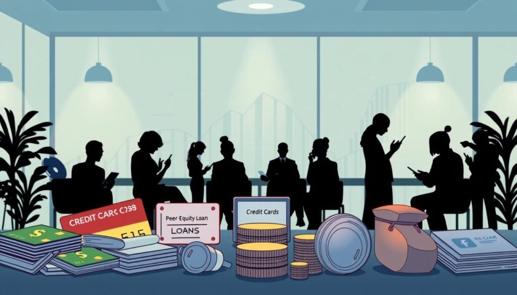 A well-lit, detailed illustration showcasing various personal loan alternatives. In the foreground, a diverse array of financial products are displayed - credit cards, peer-to-peer loans, home equity loans, and personal lines of credit. The middle ground features silhouettes of people reviewing loan options on digital devices, emphasizing the research and decision-making process. The background depicts a clean, minimalist office setting with subtle financial graphs and charts, conveying a sense of financial expertise and professionalism. The overall tone is informative, modern, and visually compelling, designed to highlight the range of personal loan alternatives available to the reader.