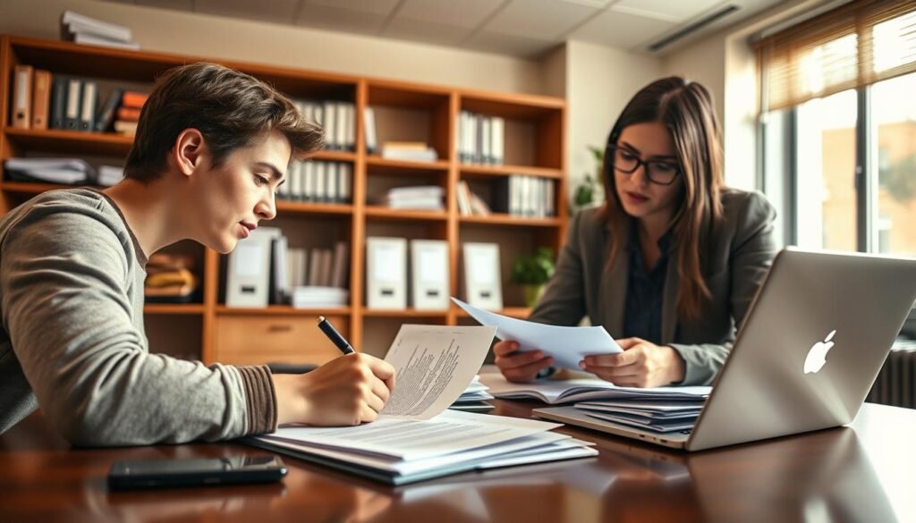 A well-lit, detailed office scene showing the student loan forbearance application process. In the foreground, a student fills out a form on a desk, with a laptop, pen, and documents surrounding them. In the middle ground, a case worker reviews the application, expression focused. In the background, shelves of files and a window provide context. The lighting is warm and inviting, creating a professional yet approachable atmosphere. The camera angle is slightly elevated, capturing the workflow from an observational perspective.