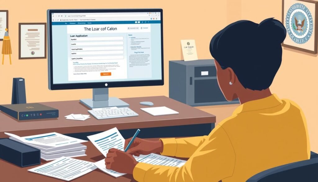 A well-lit, high-resolution digital illustration depicting the step-by-step process of applying for subsidized federal student loans. In the foreground, a student sitting at a desk, carefully filling out loan application forms. In the middle ground, a desktop computer displaying an online loan application portal, with relevant documents and information arranged neatly. In the background, a warm, neutral-toned office setting, with subtle visual cues suggesting the official nature of the process, such as a diploma on the wall or a government logo. The overall mood is one of professionalism, attention to detail, and a sense of accomplishment in navigating the subsidized loan application procedure.