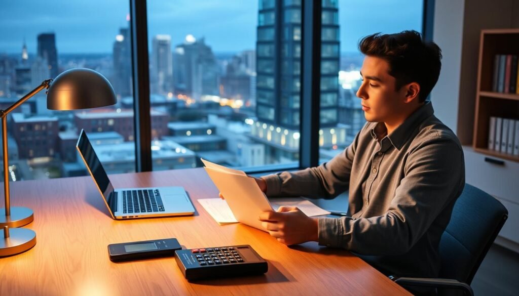 A well-lit, modern office setting with a wooden desk, a laptop, and a financial calculator. In the foreground, a person sits at the desk, reviewing documents and contemplating the next steps in their student loan refinancing process. The lighting is warm and inviting, conveying a sense of focus and determination. The background features a large window overlooking a cityscape, suggesting the broader financial landscape and the potential opportunities that lie ahead. The overall atmosphere is one of thoughtfulness and careful decision-making, reflecting the careful consideration required when determining whether refinancing is the right choice.