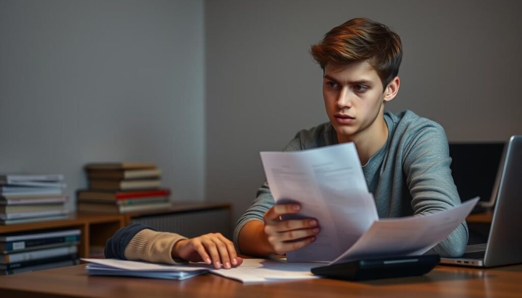 A young adult student sitting at a desk, contemplating financial documents and a calculator, the room dimly lit with a warm, focused light. In the background, a stack of books and a laptop symbolize the educational journey. The student's expression conveys a sense of responsibility and determination as they navigate the repayment options for their private student loans, seeking a path forward to financial stability. A young adult student sitting at a desk, contemplating financial documents and a calculator, the room dimly lit with a warm, focused light. In the background, a stack of books and a laptop symbolize the educational journey. The student's expression conveys a sense of responsibility and determination as they navigate the repayment options for their private student loans, seeking a path forward to financial stability.