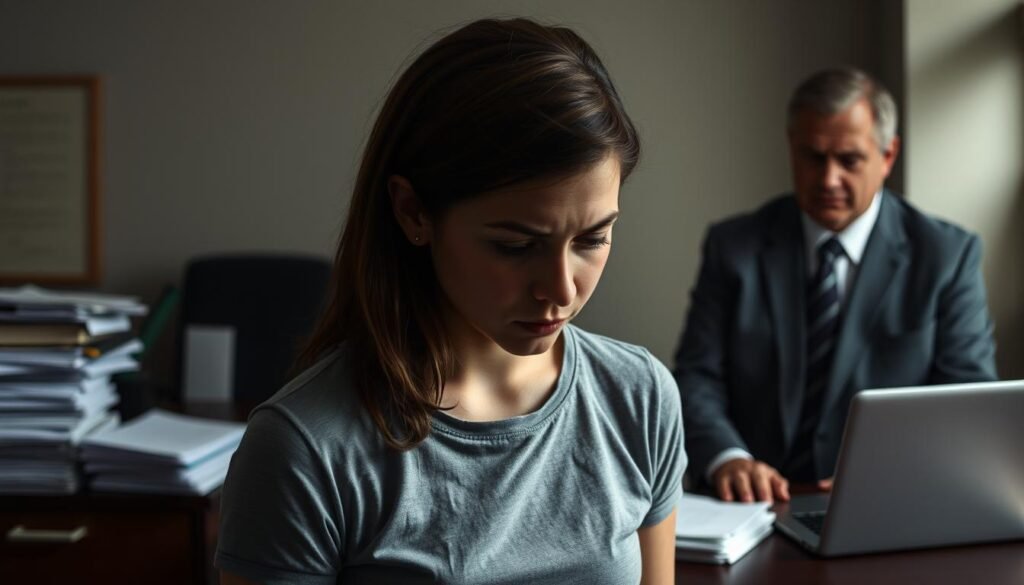 A young person, shoulders slumped, standing in a dimly lit office, facing a stern-faced government official. Stacks of papers and a laptop on the desk suggest a formal meeting about defaulted student loans. The official's expression conveys disappointment and concern. The lighting is harsh, casting deep shadows on the person's face, symbolizing the weight of the consequences. The background is blurred, hinting at a sense of isolation and uncertain future. Overall, the scene evokes a somber, disquieting mood, reflecting the educational and professional ramifications of defaulting on student debt. A young person, shoulders slumped, standing in a dimly lit office, facing a stern-faced government official. Stacks of papers and a laptop on the desk suggest a formal meeting about defaulted student loans. The official's expression conveys disappointment and concern. The lighting is harsh, casting deep shadows on the person's face, symbolizing the weight of the consequences. The background is blurred, hinting at a sense of isolation and uncertain future. Overall, the scene evokes a somber, disquieting mood, reflecting the educational and professional ramifications of defaulting on student debt.