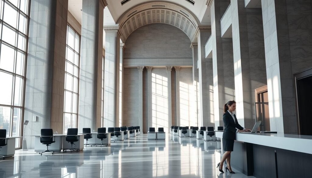An austere banking lobby with tall windows, polished marble floors, and sleek minimalist decor. In the foreground, a well-dressed bank employee stands behind a counter, her expression neutral as she speaks to a customer. The middle ground depicts rows of desks where other bankers assist clients, their faces obscured. The background is dominated by towering stone columns and a grand arched ceiling, casting dramatic shadows that evoke a sense of impersonal grandeur. Soft, even lighting illuminates the space, creating a somber, businesslike atmosphere that suggests the bank's prioritization of institutional formality over individual customer needs.