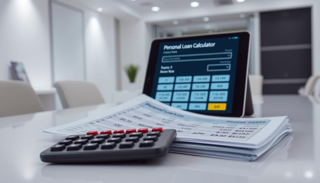 Detailed scene of personal loan rates displayed on a sleek modern desk. In the foreground, a calculator and a stack of financial documents with various interest rates and APR figures prominently shown. In the middle ground, a tablet or laptop screen showcasing a personal loan calculator interface with interactive fields to input loan amounts, terms, and rates. The background features a minimalist office setting with clean lines, neutral tones, and subtle lighting that creates a professional, authoritative atmosphere. Capture the essence of evaluating personal loan options through a visually appealing, data-driven composition. Detailed scene of personal loan rates displayed on a sleek modern desk. In the foreground, a calculator and a stack of financial documents with various interest rates and APR figures prominently shown. In the middle ground, a tablet or laptop screen showcasing a personal loan calculator interface with interactive fields to input loan amounts, terms, and rates. The background features a minimalist office setting with clean lines, neutral tones, and subtle lighting that creates a professional, authoritative atmosphere. Capture the essence of evaluating personal loan options through a visually appealing, data-driven composition.
