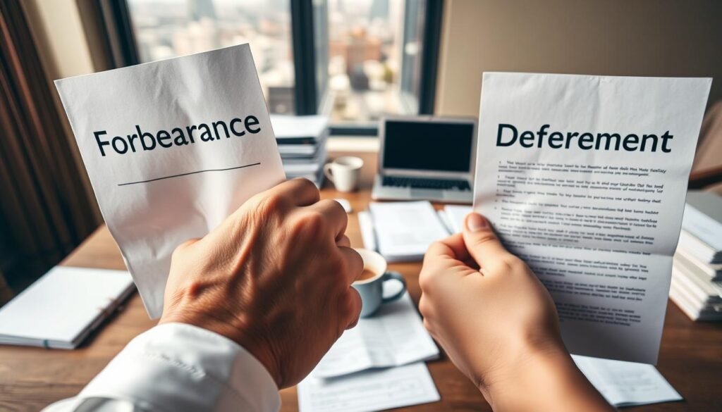 Forbearance vs deferment: a study in contrasts. In the foreground, two hands clasp together, one grasping a document labeled "Forbearance," the other a document labeled "Deferment." The hands are in soft focus, conveying a sense of deliberation and choice. In the middle ground, a desk with stacks of paperwork, a laptop, and a mug of coffee, hinting at the administrative complexities of student loan management. The background is a warm, muted palette, with a window overlooking a cityscape, suggesting the broader financial and societal context. The lighting is soft and diffuse, creating an atmosphere of thoughtfulness and contemplation. Captured through a medium-wide lens, the composition draws the viewer's eye to the pivotal decision at hand.
