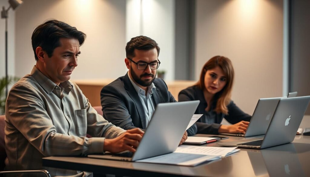 Lenders sitting at a modern office desk, laptops and documents in front of them, evaluating loan applications with a serious, analytical expression. Soft, warm lighting illuminates their faces, creating an atmosphere of professional focus. The background is a sleek, minimalist workspace with clean lines and muted colors, conveying a sense of efficiency and attention to detail. The overall scene emphasizes the lenders' role in carefully assessing loan options and features to provide the best solutions for their clients. Lenders sitting at a modern office desk, laptops and documents in front of them, evaluating loan applications with a serious, analytical expression. Soft, warm lighting illuminates their faces, creating an atmosphere of professional focus. The background is a sleek, minimalist workspace with clean lines and muted colors, conveying a sense of efficiency and attention to detail. The overall scene emphasizes the lenders' role in carefully assessing loan options and features to provide the best solutions for their clients.