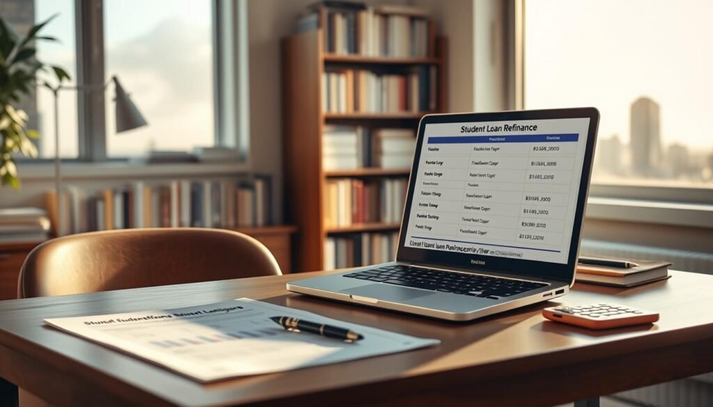 Prompt An airy, sun-drenched office setting, with a desk featuring a laptop displaying various student loan refinance options. On the desk, financial documents, a calculator, and a pen rest neatly. In the background, a bookshelf filled with finance-related books, and a window overlooking a city skyline. The lighting is soft and natural, casting a warm glow on the scene. The overall atmosphere conveys a sense of thoughtful consideration and informed decision-making regarding student loan refinancing.