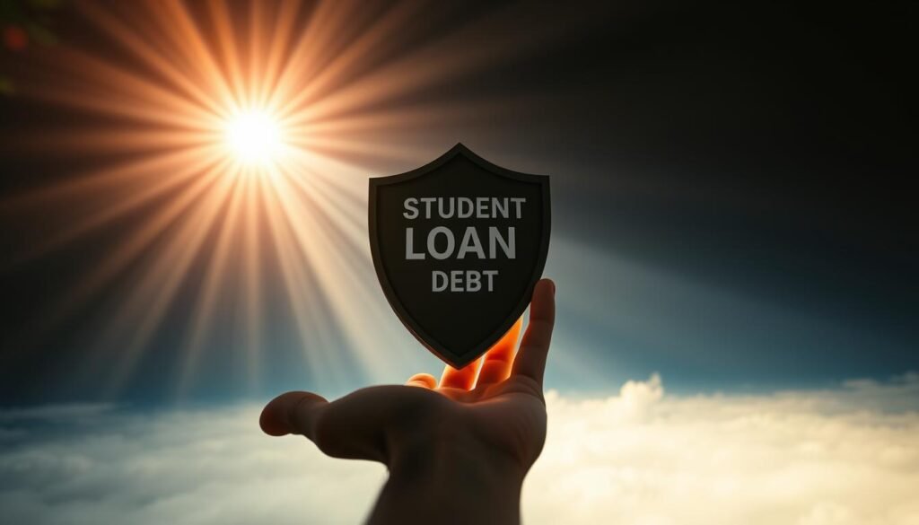 Radiant rays of light pierce through the darkness, illuminating a shield that symbolizes protection from the burden of student loan debt. In the foreground, an outstretched hand holds this shield, a beacon of hope amidst the looming shadow of financial uncertainty. The background is a serene, dreamlike landscape, conveying a sense of tranquility and security. The lighting is soft and diffused, creating a warm, comforting atmosphere. This image embodies the resilience and determination to safeguard loved ones from the impact of student loan debt, offering a reassuring and empowering visual representation of the section's subject matter. Radiant rays of light pierce through the darkness, illuminating a shield that symbolizes protection from the burden of student loan debt. In the foreground, an outstretched hand holds this shield, a beacon of hope amidst the looming shadow of financial uncertainty. The background is a serene, dreamlike landscape, conveying a sense of tranquility and security. The lighting is soft and diffused, creating a warm, comforting atmosphere. This image embodies the resilience and determination to safeguard loved ones from the impact of student loan debt, offering a reassuring and empowering visual representation of the section's subject matter.
