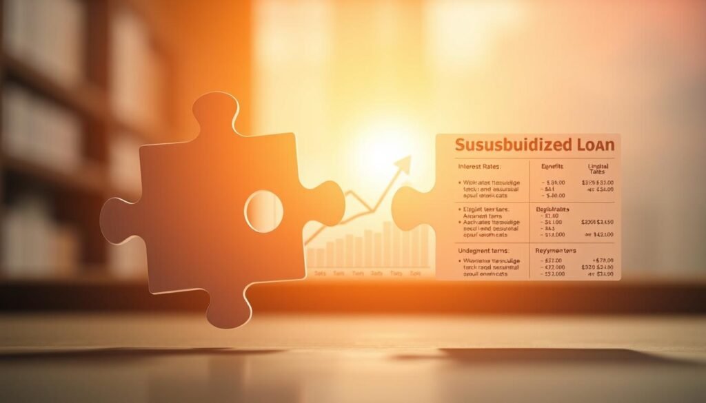 Vibrant financial comparison, illuminating subsidized vs. unsubsidized student loans. In the foreground, two interlocked puzzle pieces symbolize the distinct loan types, one subtly shaded to denote subsidized benefits. The middle ground showcases a detailed graph, its lines and data visualizations elucidating the key differences - interest rates, eligibility, and repayment terms. The background radiates a soft, warm glow, creating an inviting, educational atmosphere. Subtle lens flare and depth of field blur emphasize the focal points. Crisp, high-resolution rendering captures the nuances of this comprehensive financial illustration.