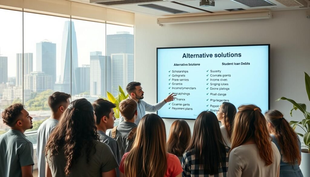 a scene depicting alternative solutions to student loan debt, with a vibrant and hopeful atmosphere. In the foreground, a diverse group of young adults are gathered, discussing various financial options, their expressions reflecting a sense of optimism and determination. The middle ground features a clean, modern office setting, with a financial advisor gesturing towards a large display screen showcasing alternative financing opportunities, such as scholarships, grants, and income-driven repayment plans. In the background, a cityscape with towering skyscrapers and lush greenery creates a dynamic, urban environment, symbolizing the broader economic landscape and the potential for positive change. The lighting is warm and natural, casting a soft glow over the scene, emphasizing the sense of possibility and empowerment. a scene depicting alternative solutions to student loan debt, with a vibrant and hopeful atmosphere. In the foreground, a diverse group of young adults are gathered, discussing various financial options, their expressions reflecting a sense of optimism and determination. The middle ground features a clean, modern office setting, with a financial advisor gesturing towards a large display screen showcasing alternative financing opportunities, such as scholarships, grants, and income-driven repayment plans. In the background, a cityscape with towering skyscrapers and lush greenery creates a dynamic, urban environment, symbolizing the broader economic landscape and the potential for positive change. The lighting is warm and natural, casting a soft glow over the scene, emphasizing the sense of possibility and empowerment.